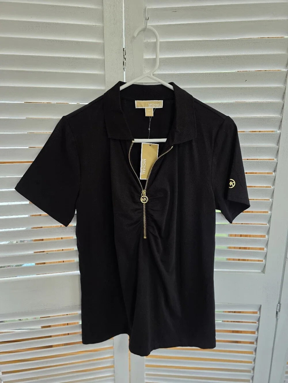 Michael Kors Black Short Sleeve Zip Polo Shirt Women's Size L